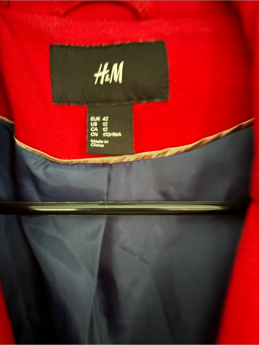 H&M Men's Red Pea Coat with Navy Lining